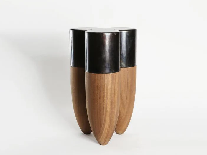 ARNO DECLERCQ SENUFO SIDE TABLE / AFRICAN WALNUT + STEEL Ø11.8 x H17.7"