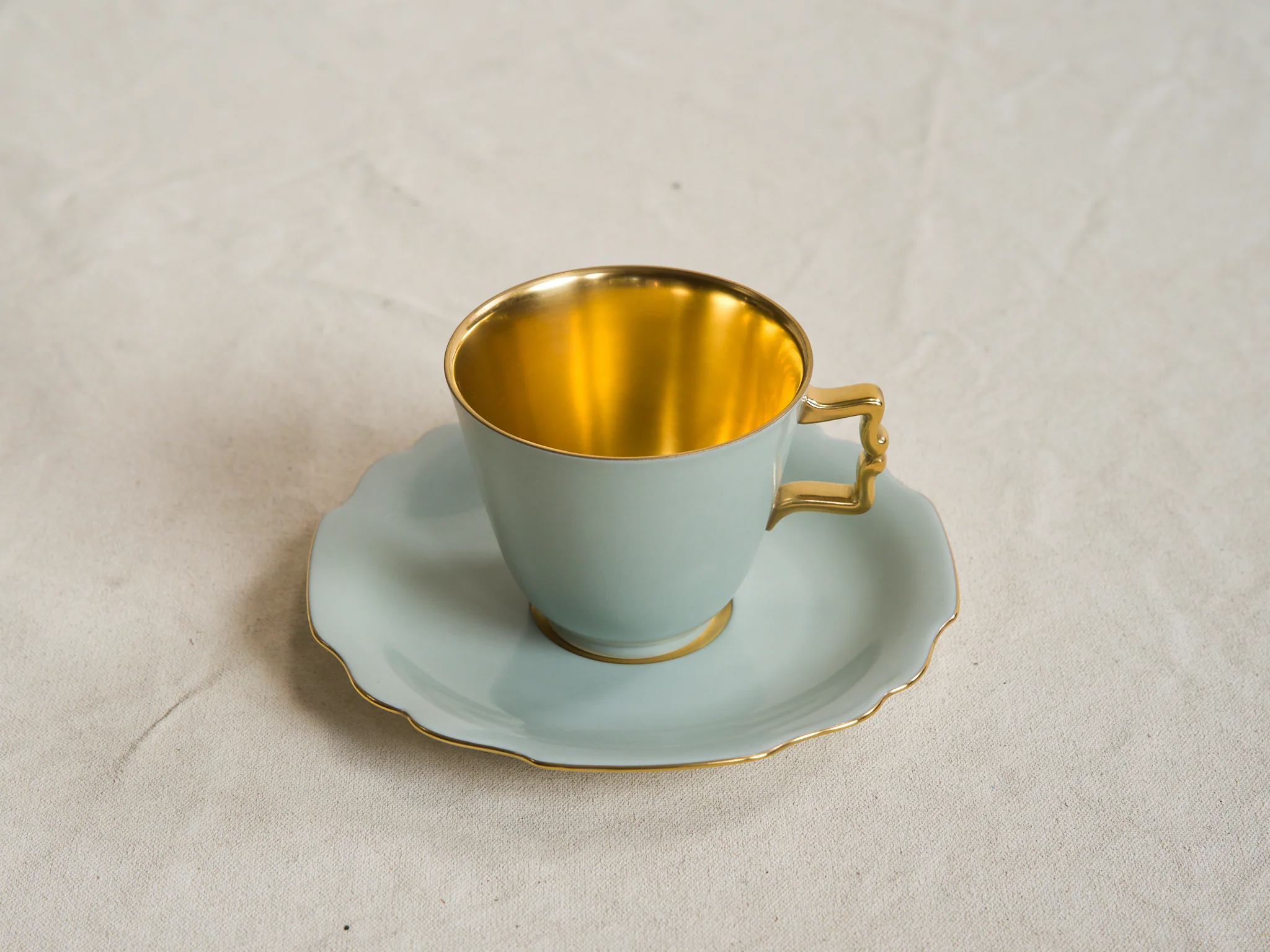 AUGARTEN BELVEDERE GOLD RIM COFFEE CUP + SAUCER / CELADON GREEN - Image 2
